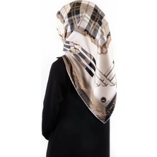 Violla Twill Ekoseli ve Zincir Desenli Bej Renkli 90X90 Eşarp (Ipek Içermez) Dikim Şekli : El Dikişi