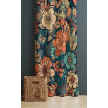 Alamodecor Turuncu Mavi Çiçekli Model Tek Kanat Oturma Odası Salon Fon Perde
