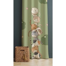Alamodecor Yeşil Üst Üste Binmiş Kedi Desenli Çocuk Odası & Bebek Odası Fon Perdesi Tek Kanat