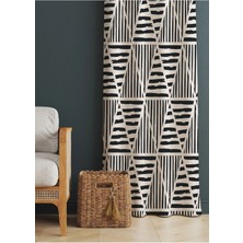 Alamodecor Krem Siyah Çizgili Geometrik Etnik Desenli Baskılı Fon Perde (Tek Kanat)