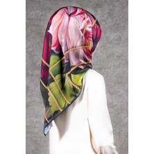 Violla Twill Gül Desenli Şarabi - Haki Renkli 90X90 Eşarp (Ipek Içermez) Kenar Dikiş Şekli El Dikişli