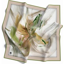 Violla Twill Çiçek Tablo Desenli Haki Yeşili Renkli 90X90 Eşarp (Ipek Içermez) Kenar Dikiş Şekli El Dikişli