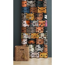 Alamodecor Kedi Model Karışık Renkli Tek Kanat Genç Odası Fon Perde