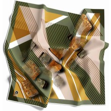 Violla Twill Çizgili ve Geometrik Desenli Haki Renkli 90X90 Eşarp (Ipek Içermez) Kenar Dikiş Şekli El Dikişli