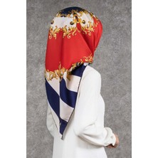 Violla Twill Çizgili Barok Desenli Lacivert - Kırmızı Renkli 90X90 Eşarp (Ipek Içermez)