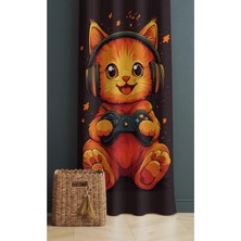 Alamodecor Gammer Oyuncu Kedi Tek Kanat Genç Odası Fon Perde