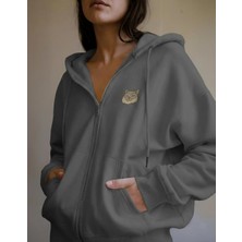 Muhtar Store Kadın Uzun Tüylü Kedi Baskılı Tam Boy Fermuarlı Oversize Hoodie