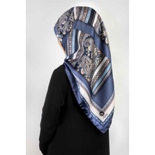Violla Twill Şal Desenli Indigo - Gri Renkli 90X90 Eşarp (Ipek Içermez) Kenar Dikiş Şekli El Dikişli