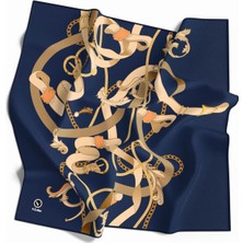 Violla Twill Kemerli ve Zincir Desenli Indigo Renkli 90X90 Eşarp (Ipek Içermez) Kenar Dikiş Şekli El Dikişli