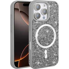 Paladyum Case iPhone 16 Pro Max Uyumlu Pırlanta Tasarım Magsafe Gri Mozaik Kapak