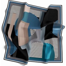 Violla Twill Çizgili ve Geometrik Desenli  Petrol Mavisi Renkli 90X90 Eşarp (Ipek Içermez) Kenar Dikiş Şekli El Dikişli