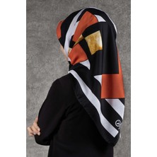 Violla Twill Çizgili ve Gold Desenli Siyah - Taba Renkli 90X90 Eşarp (Ipek Içermez) Kenar Dikiş Şekli El Dikişli