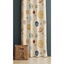 Alamodecor Krem Güneş Uzay Gezegen Desenli Çocuk Odası & Bebek Odası Fon Perdesi Tek Kanat