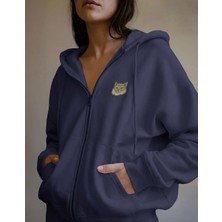 Muhtar Store Kadın Uzun Tüylü Kedi Baskılı Tam Boy Fermuarlı Oversize Hoodie