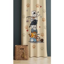Alamodecor Sarı Üst Üste Oturan Kedi Desenli Çocuk Odası & Bebek Odası Fon Perdesi Tek Kanat