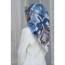 Vissona %100 Twill Ipek Geometrik Desenli Indigo - Gri Renkli 90X90 Eşarp Dikim Şekli : El Dikişi