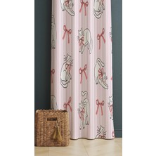 Alamodecor Pembe Çizgili Kedili Fiyonk Kurdele Model Fon Perde