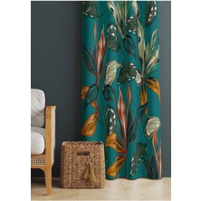 Alamodecor Yeşil Yaprak Desen Tropikal Model Etnik Desenli Baskılı Fon Perde ( Tek Kanat )