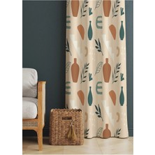 Alamodecor Krem ve Kahverengi Bohem Vazo ve Yaprak Etnik Desenli Baskılı Fon Perde (Tek Kanat)