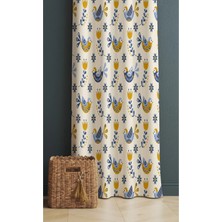 Alamodecor Krem Mavi Turuncu Kuş Detaylı Tek Kanat Oturma Odası Salon Fon Perde