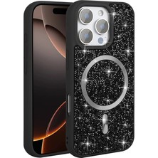 Paladyum Case iPhone 16 Pro Max Uyumlu Pırlanta Tasarım Magsafe Siyah Mozaik Kapak