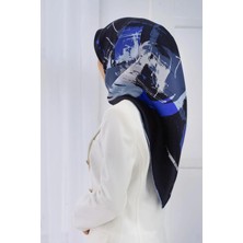 Vissona % 57 Ipek % 43 Viskon Twill Ipek Geometrik Desenli Lacivert - Bebe Mavisi Renkli 90X90 Eşarp Dikim Şekli : El Dikişi