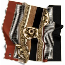 Violla Twill Çizgili ve Barok Desenli Taba Renkli 90X90 Eşarp (Ipek Içermez) Kenar Dikiş Şekli El Dikişli