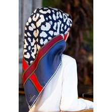 Vissona %100 Twill Ipek Leopar Desenli Indigo - Kırmızı Renkli 90X90 Eşarp Dikim Şekli : El Dikişi