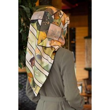 Vissona %100 Twill Ipek Bahar Çiçekleri Desenli Haki Yeşil - Vizon Renkli 90X90 Eşarp Kenar Dikiş Şekli El Dikişli