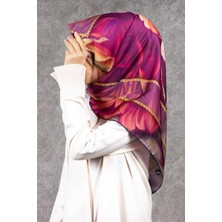Violla Twill Gül Desenli Fuşya - Somon Renkli 90X90 Eşarp (Ipek Içermez) Kenar Dikiş Şekli El Dikişli
