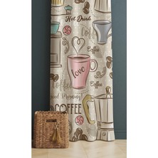 Alamodecor Kahve Kupa Desenli Baskılı Mutfak Fon Perdesi Tek Kanat