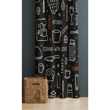 Alamodecor Mutfak Aletleri Desenli Siyah ve Beyaz Renk Mutfak Fon Perdesi Tek Kanat