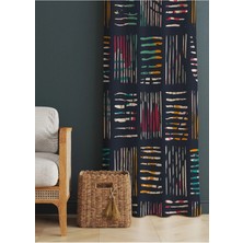 Alamodecor Lacivert ve Çok Renkli Çizgili Geometrik Etnik Desenli Baskılı Fon Perde (Tek Kanat)
