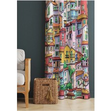 Alamodecor Çok Renkli Iskandinav Evler Etnik Desenli Baskılı Fon Perde (Tek Kanat)