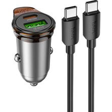 Hoco. NZ16A Rigorous 43W Type-C ve Usb-A Çıkışlı Ekstra Type-C To Type-C Kablolu Pd Hızlı Şarj Araç Cihazı - Gri