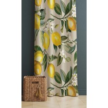 Alamodecor Limon ve Yaprak Desenli Sarı ve Yeşil Renk Mutfak Fon Perdesi Tek Kanat