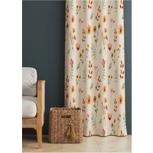 Alamodecor Krem Rengi Turuncu ve Kahverengi Çiçek Desenli Baskılı Fon Perde (Tek Kanat)