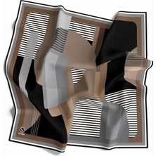 Violla Twill Çizgili ve Geometrik Desenli Bej - Gri Renkli 90X90 Eşarp (Ipek Içermez) Kenar Dikiş Şekli El Dikişli