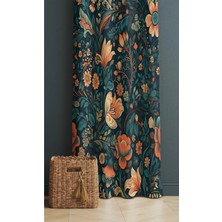 Alamodecor Turuncu Yeşil Çiçekli Model Tek Kanat Oturma Odası Salon Fon Perde