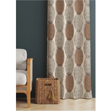 Alamodecor Krem ve Kahverengi Renk Geometrik Yuvarlak Etnik Desenli Baskılı Fon Perde (Tek Kanat)