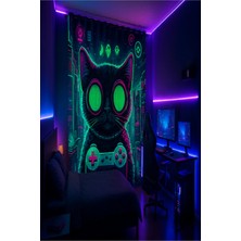 Alamodecor Yeşil Pembe Gamer Kedi Model Tek Kanat Genç Odası Fon Perde