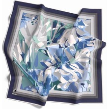 Violla Kristal Büyük Çiçek Desenli Indigo - Gri Renkli 90X90 Eşarp (Ipek Içermez) Kenar Dikiş Şekli El Dikişli