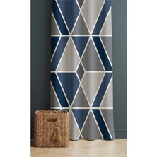 Alamodecor Mavi Gri Geometrik Desen Tek Kanat Oturma Odası Salon Fon Perde