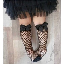 İsmiyle Al Siyah Fileli Diz Altı Fiyonklu Kız Çocuk Çorap