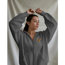 Muhtar Store Kadın Tekir Kedisi Baskılı Tam Boy Fermuarlı Oversize Hoodie