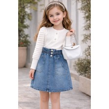 Bebeksy Kız Çocuk Beyaz Bluzlu Kot Etekli Takım & Gri Zincir Askılı Beyaz Çanta Kombini