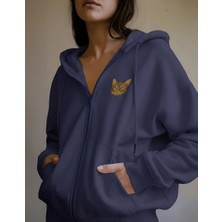 Muhtar Store Kadın Tekir Kedisi Baskılı Tam Boy Fermuarlı Oversize Hoodie