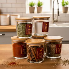 Snippy Lang - 6'lı Bambu Vakum Kapaklı Etiketli Cam Saklama Kabı Baharatlık Seti 350 ml