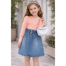 Bebeksy Kız Çocuk Somon Bluzlu Kot Etekli Takım & Gri Zincir Askılı Beyaz Çanta Kombini