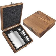 SHC4200 Ahşap Kutulu Paslanmaz Çelik Cep Matarası Seti | 210 ml | Hediyelik Erkek Seti | Viski Matarası | B